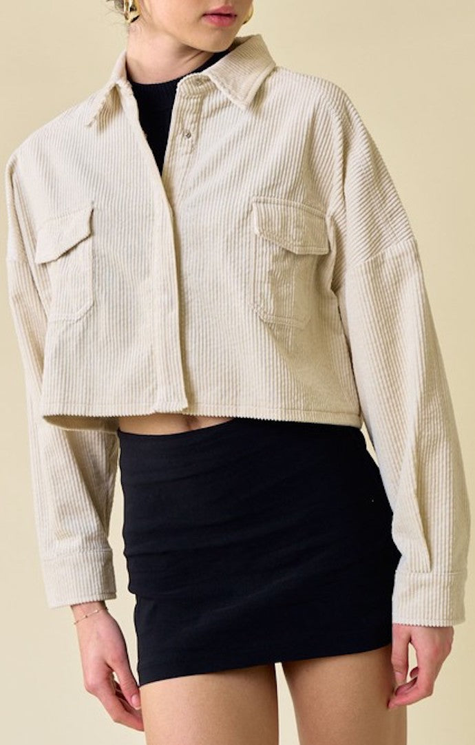 Blue Blush Cream Corduroy Snap Cropped Utility Jacket