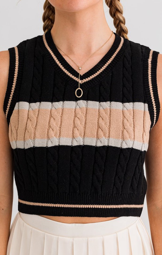 Le Lis Black And Taupe Striped Sweater Vest