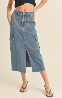 Miou Muse Washed Denim Cargo Midi Skirt