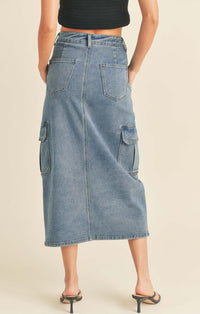 Miou Muse Washed Denim Cargo Midi Skirt
