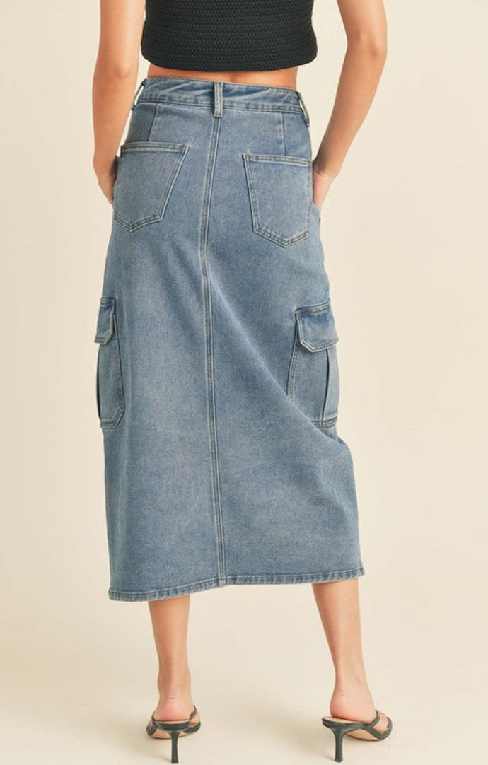Miou Muse Washed Denim Cargo Midi Skirt
