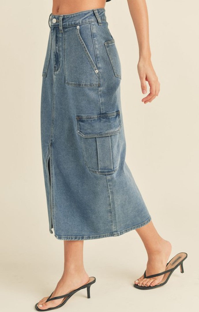 Miou Muse Washed Denim Cargo Midi Skirt