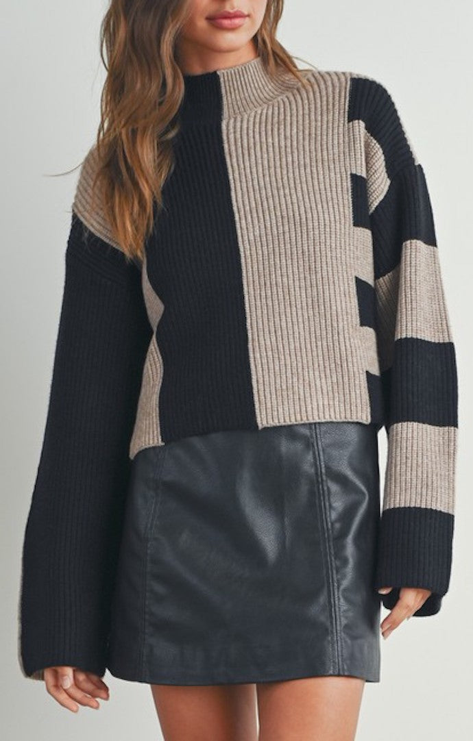 Buttermelon Black and Oat Cropped Knit Sweater