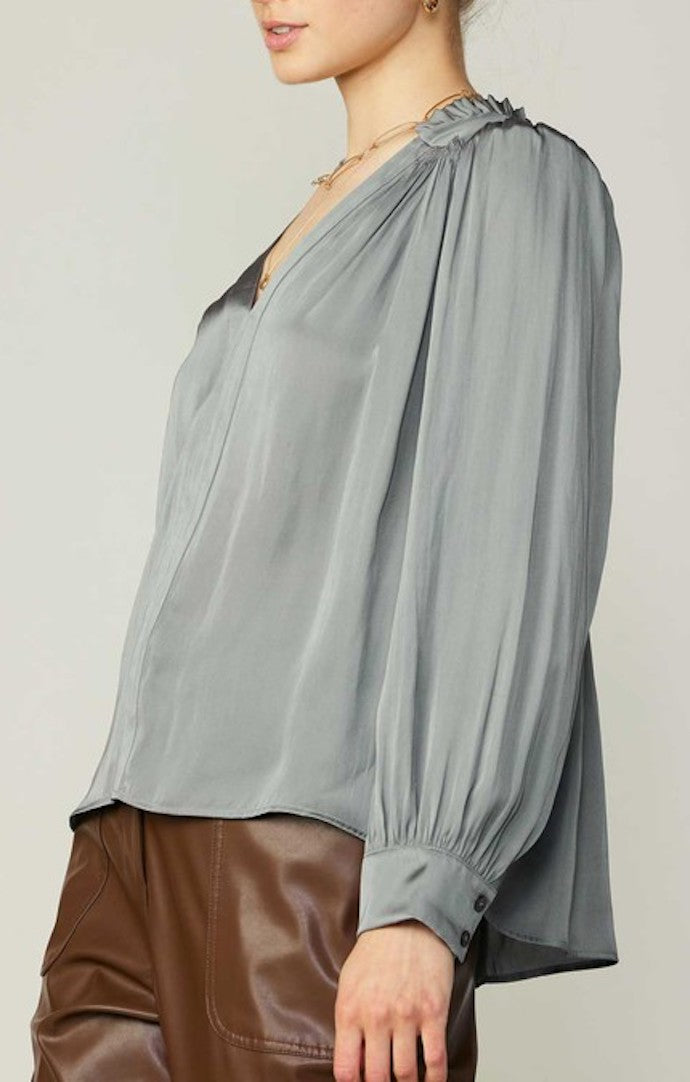 Current Air Moss Grey Smocked Blouse