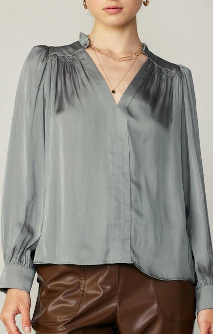 Current Air Moss Grey Smocked Blouse