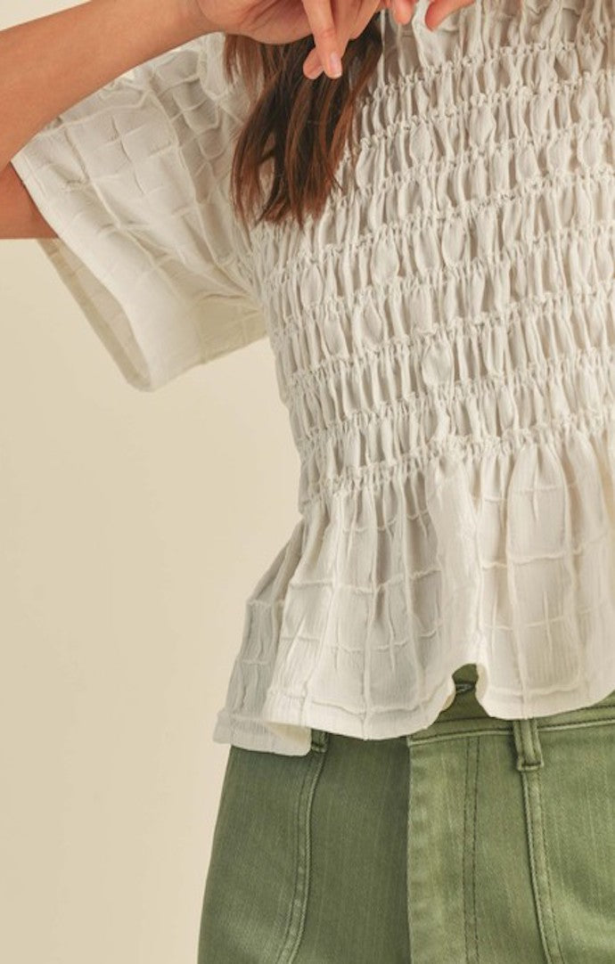Miou Muse White Textured Smocked Top