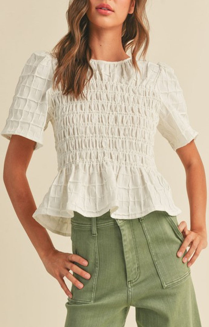 Miou Muse White Textured Smocked Top