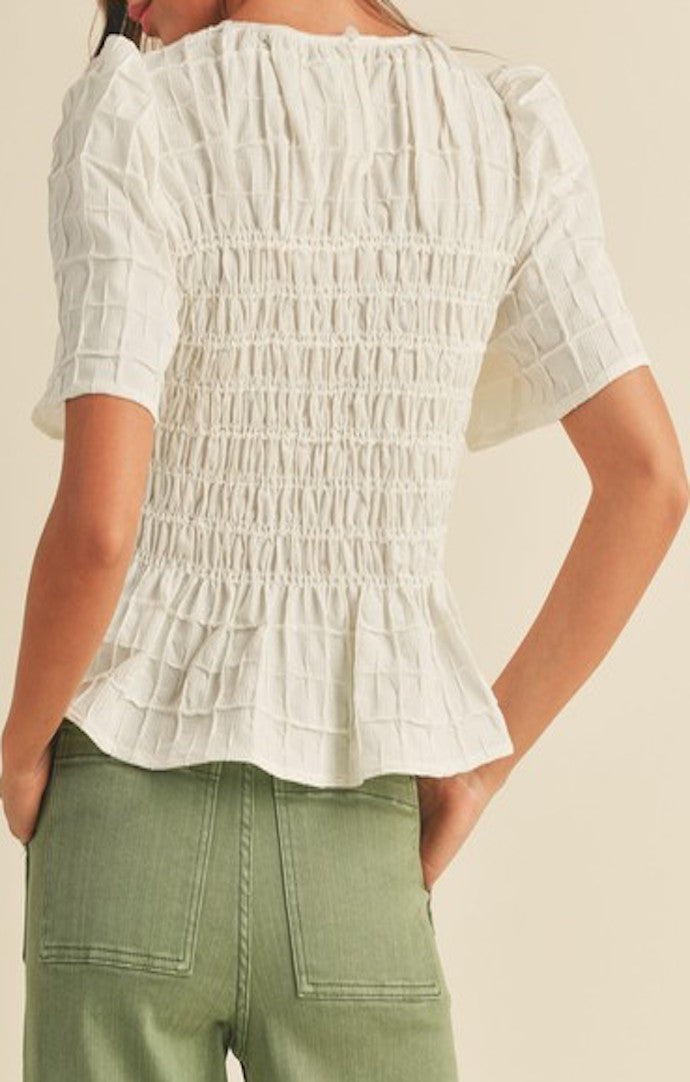 Miou Muse White Textured Smocked Top