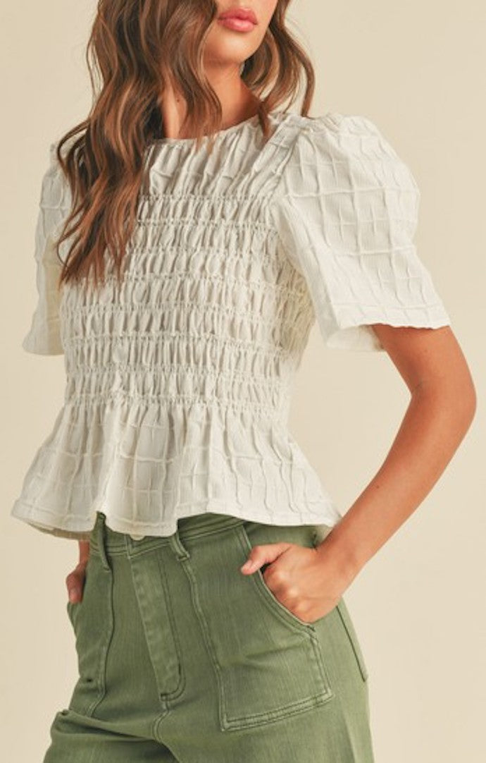 Miou Muse White Textured Smocked Top