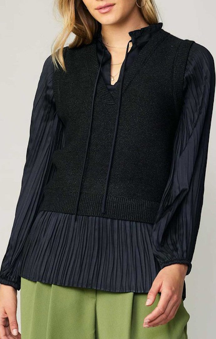 Current Air Black Long Sleeve V-neck Contrast Sleeve Sweater