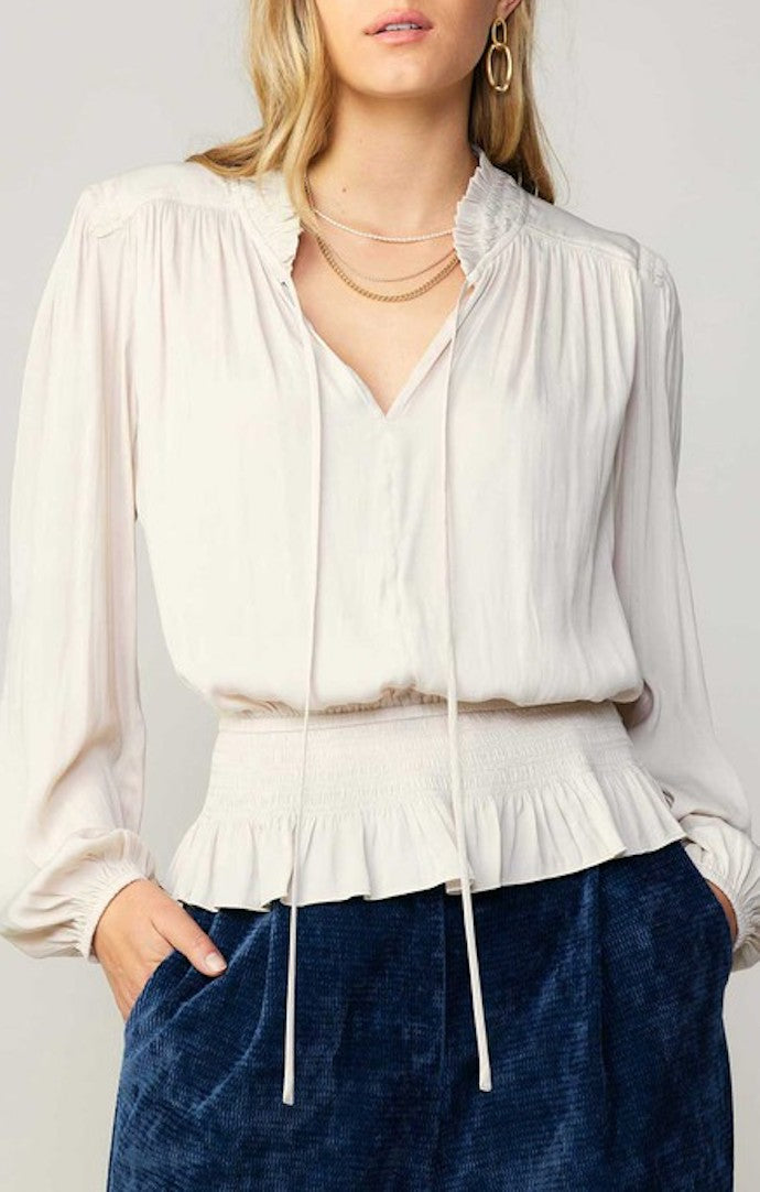 Current Air Ecru Long Sleeve Self Tie Peplum Blouse