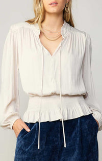 Current Air Ecru Long Sleeve Self Tie Peplum Blouse