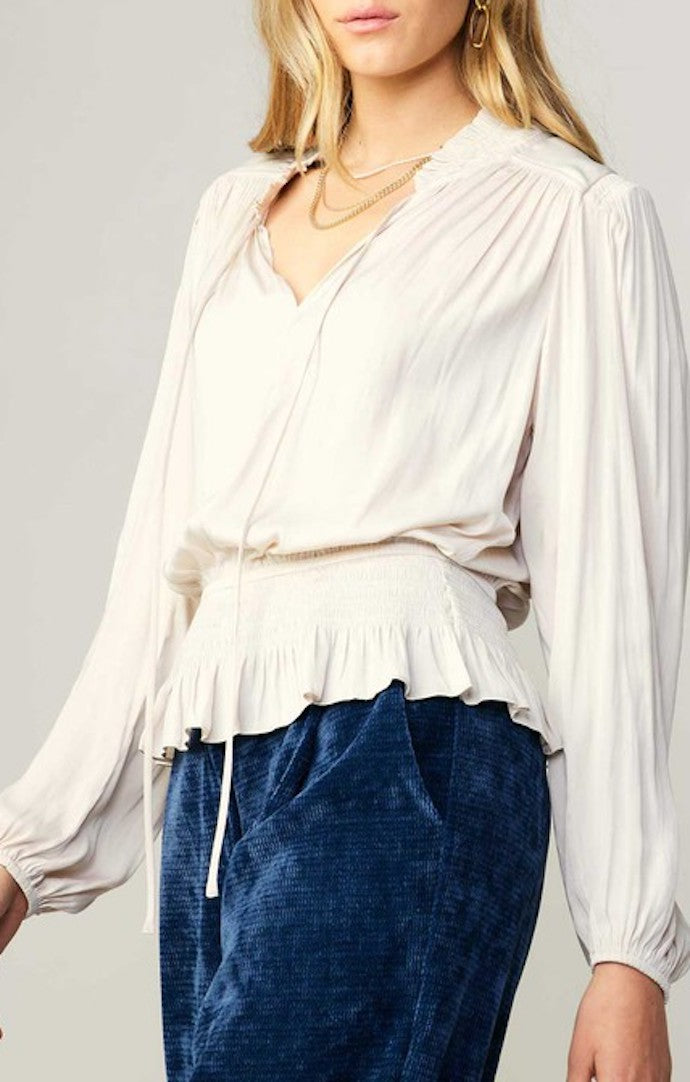Current Air Ecru Long Sleeve Self Tie Peplum Blouse