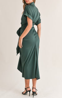 Mable Dark Green Button Front Tied Midi Dress
