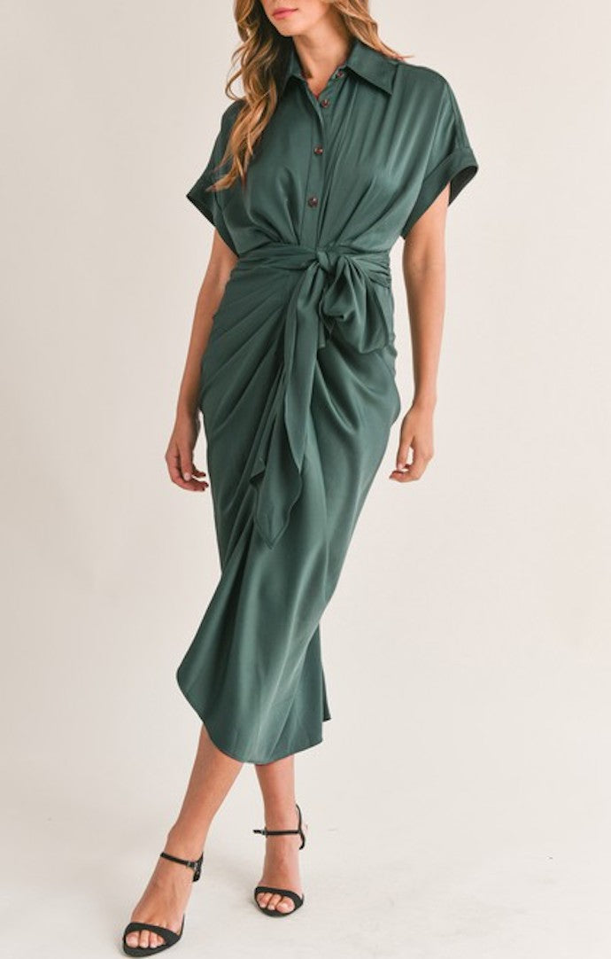 Mable Dark Green Button Front Tied Midi Dress