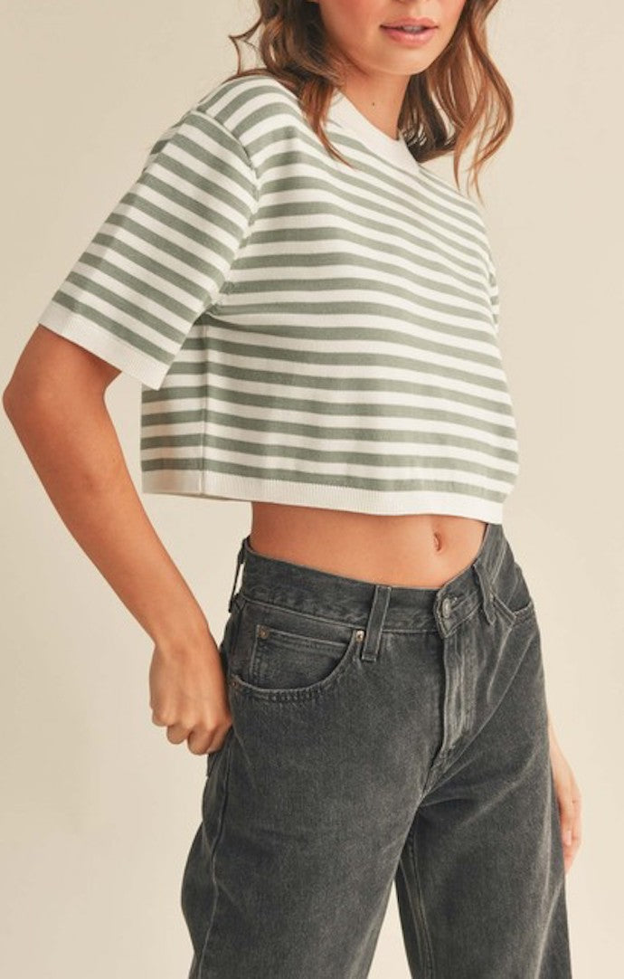 Miou Muse Sage And White Stripe Knit Top