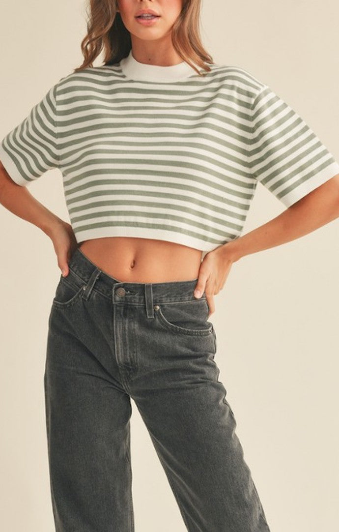 Miou Muse Sage And White Stripe Knit Top