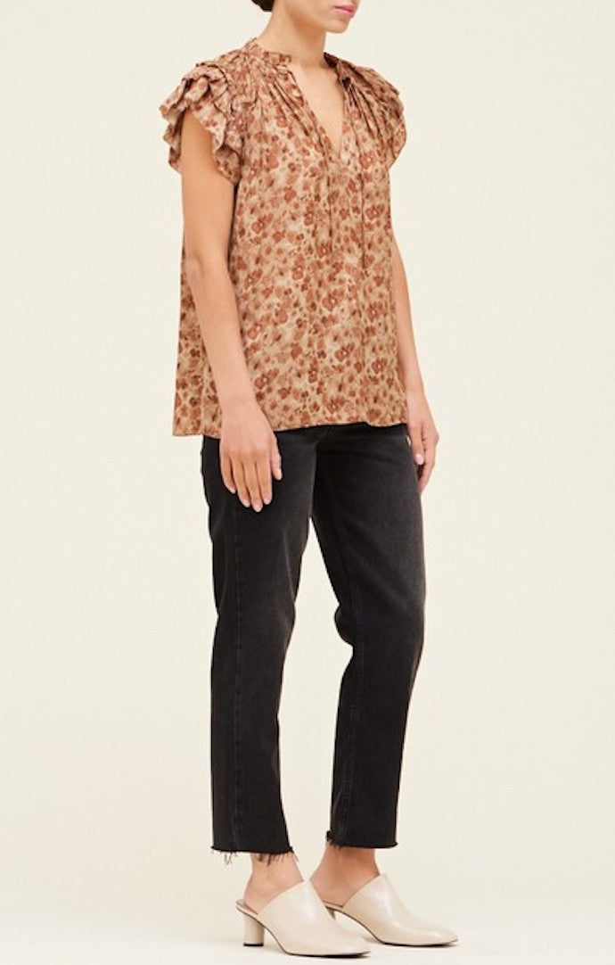 Grade & Gather Sepia Floral Ruffle Sleeve Blouse