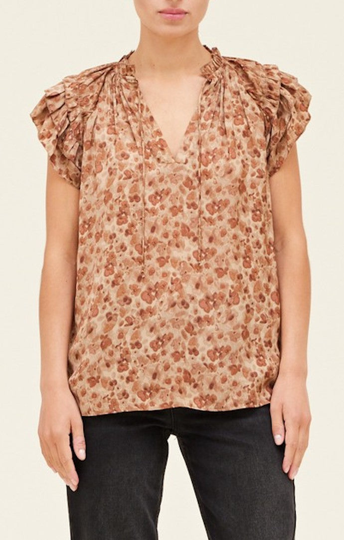 Grade & Gather Sepia Floral Ruffle Sleeve Blouse