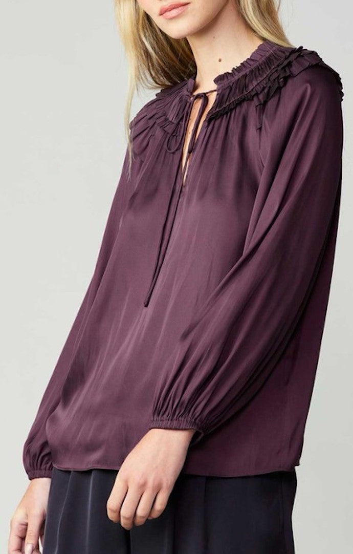 Current Air Midnight Plum Long Sleeve Split Neck Blouse