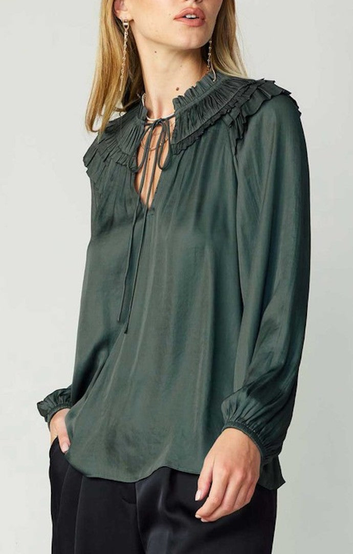 Current Air Forest Green Long Sleeve Split Neck Blouse