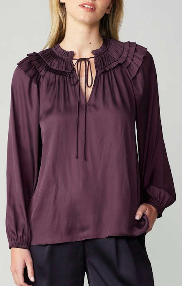 Current Air Midnight Plum Long Sleeve Split Neck Blouse