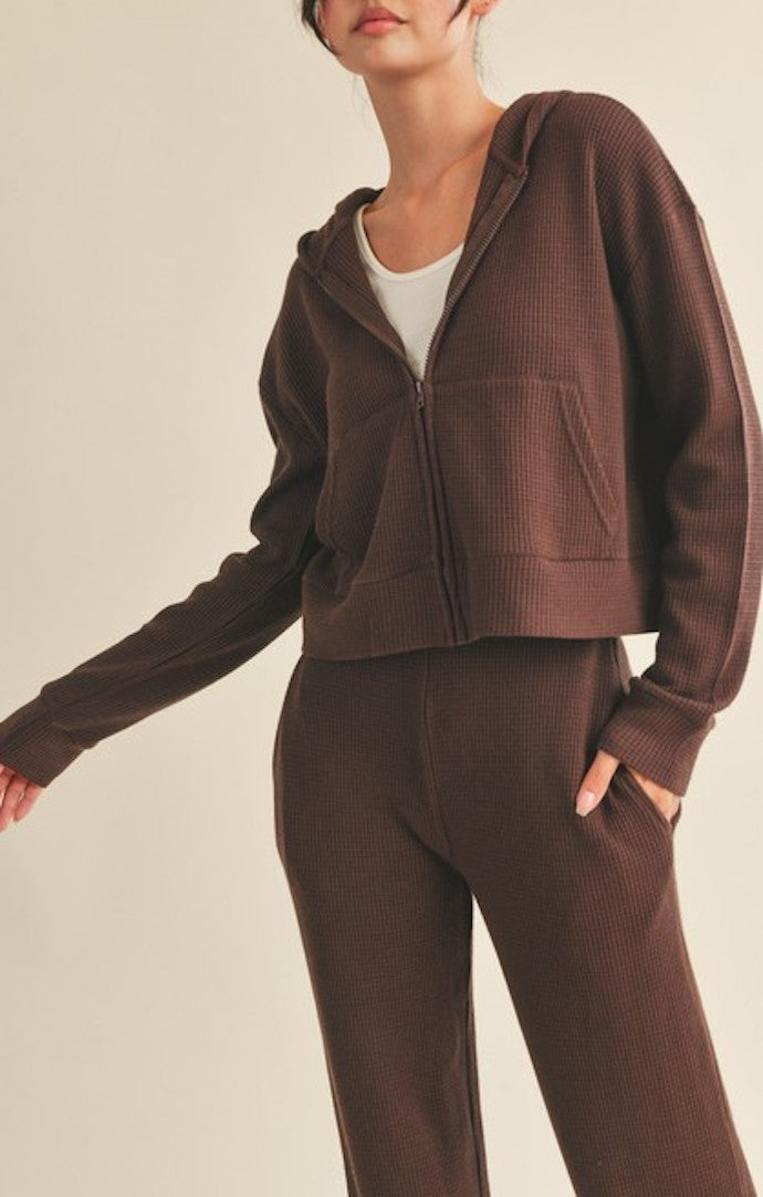 KC Dark Chocolate Waffle Knit Zip Up Hoodie Jacket