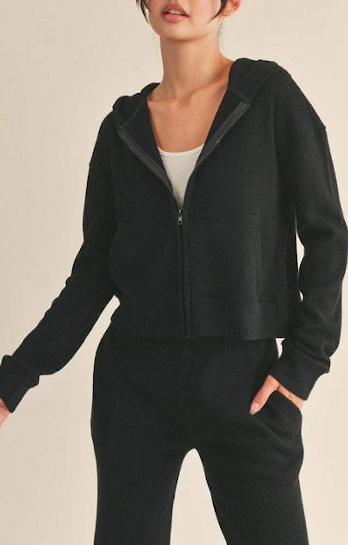 KC Black Waffle Knit Zip Up Hoodie Jacket