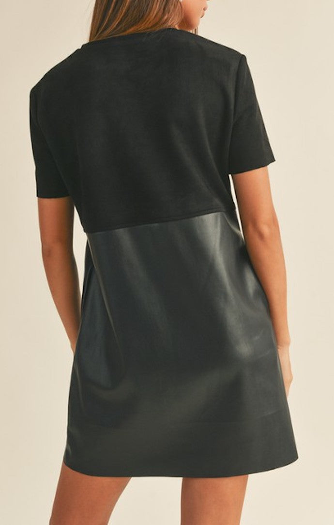 Miou Muse Black Faux Leather Suede Shift Dress