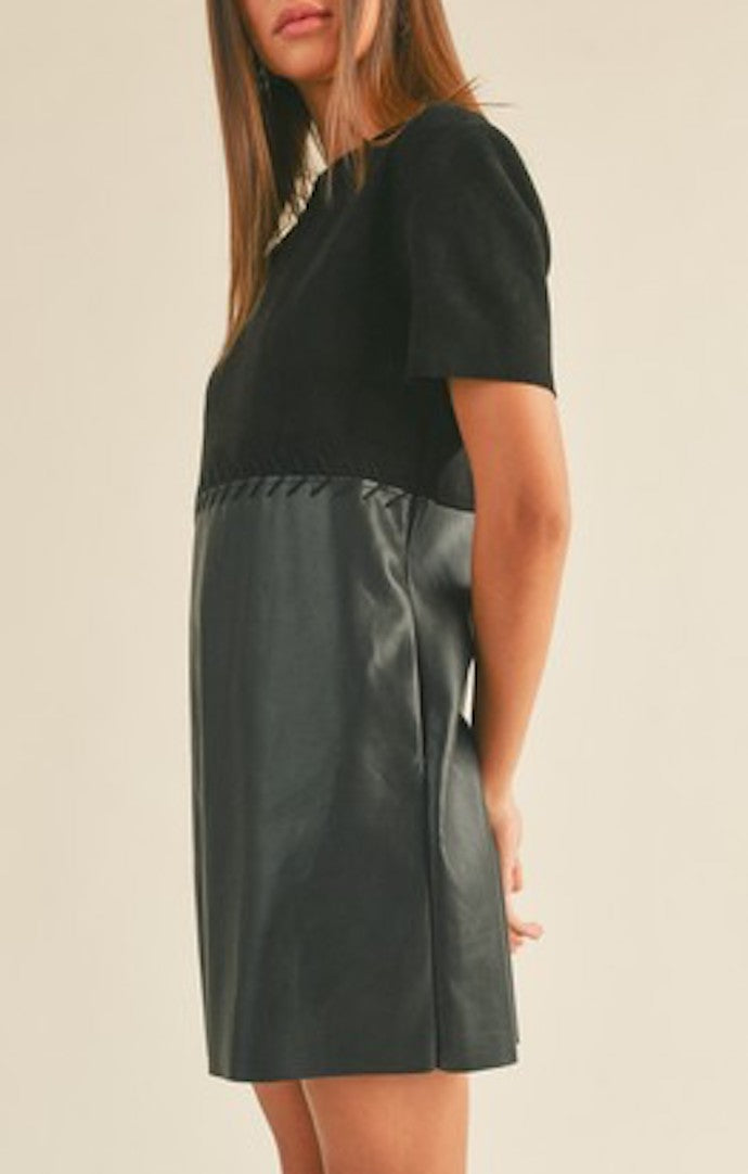Miou Muse Black Faux Leather Suede Shift Dress