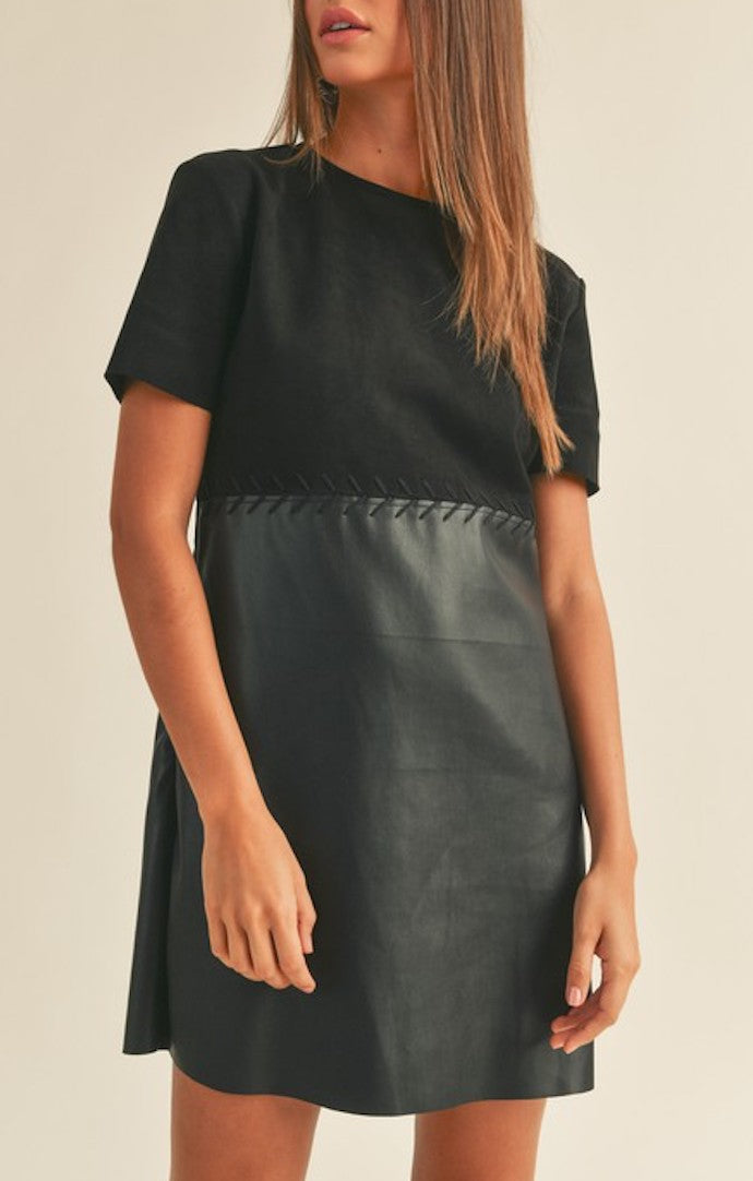 Miou Muse Black Faux Leather Suede Shift Dress