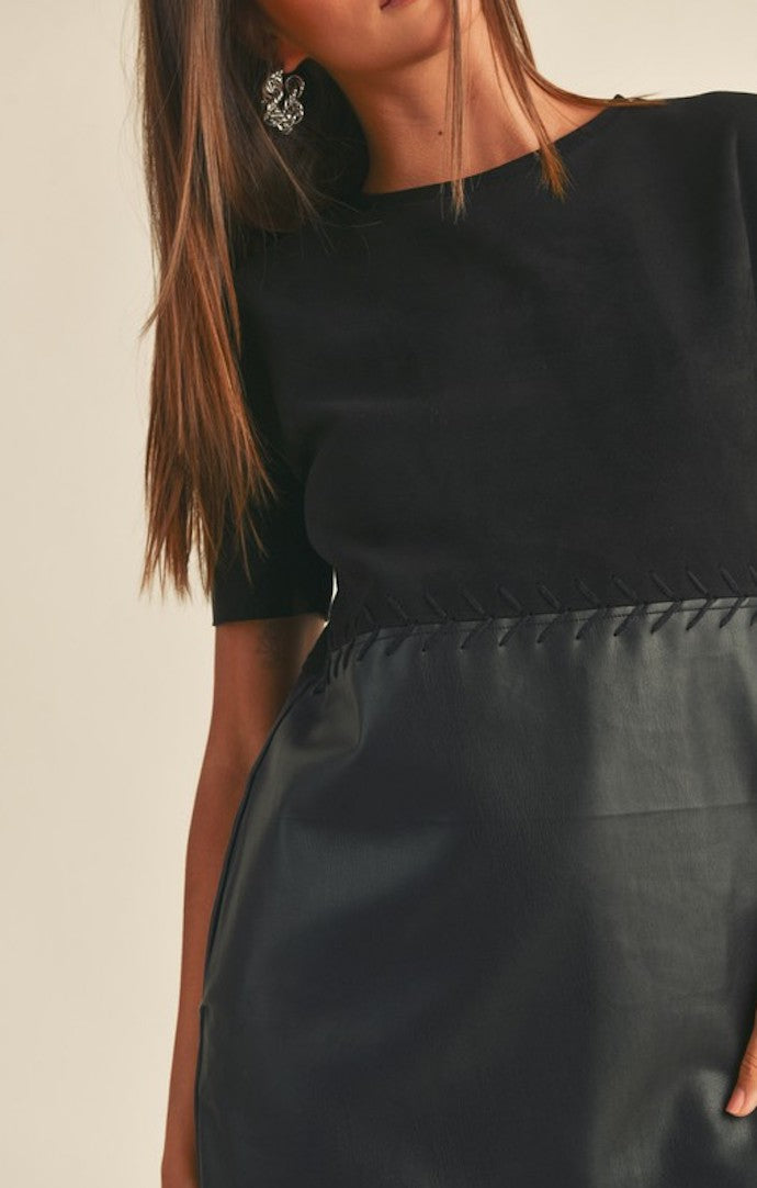 Miou Muse Black Faux Leather Suede Shift Dress