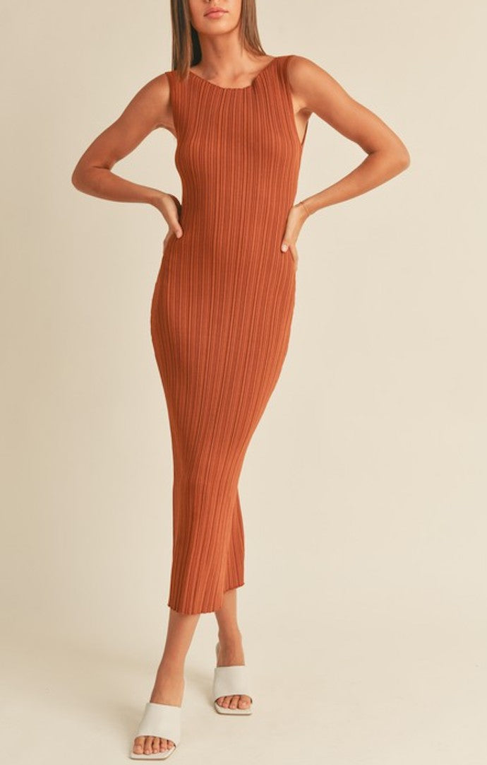 Miou Muse Toffee Ribbed Knit Maxi Dress