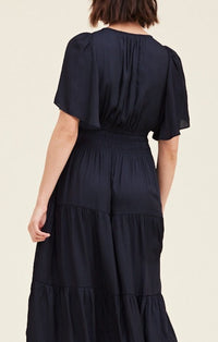 Grade & Gather Midnight Pleated Satin Midi Dress