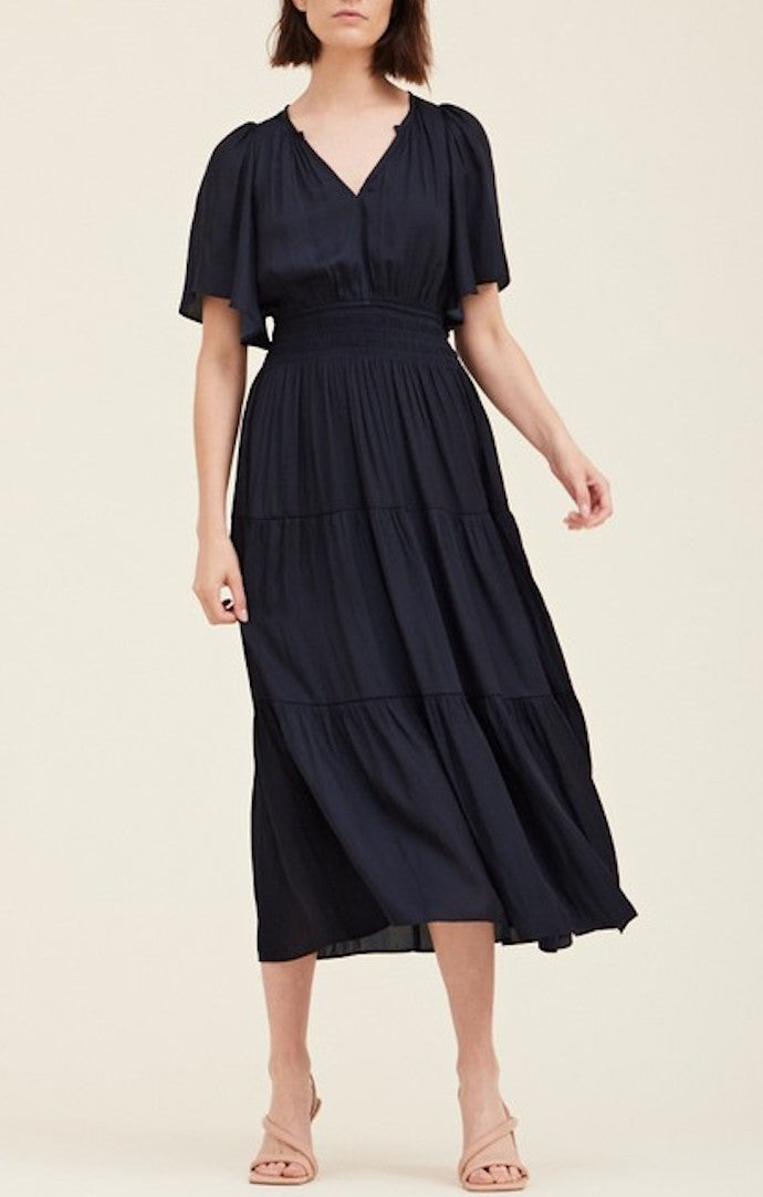 Grade & Gather Midnight Pleated Satin Midi Dress