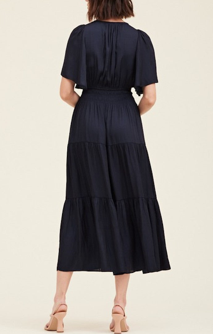 Grade & Gather Midnight Pleated Satin Midi Dress