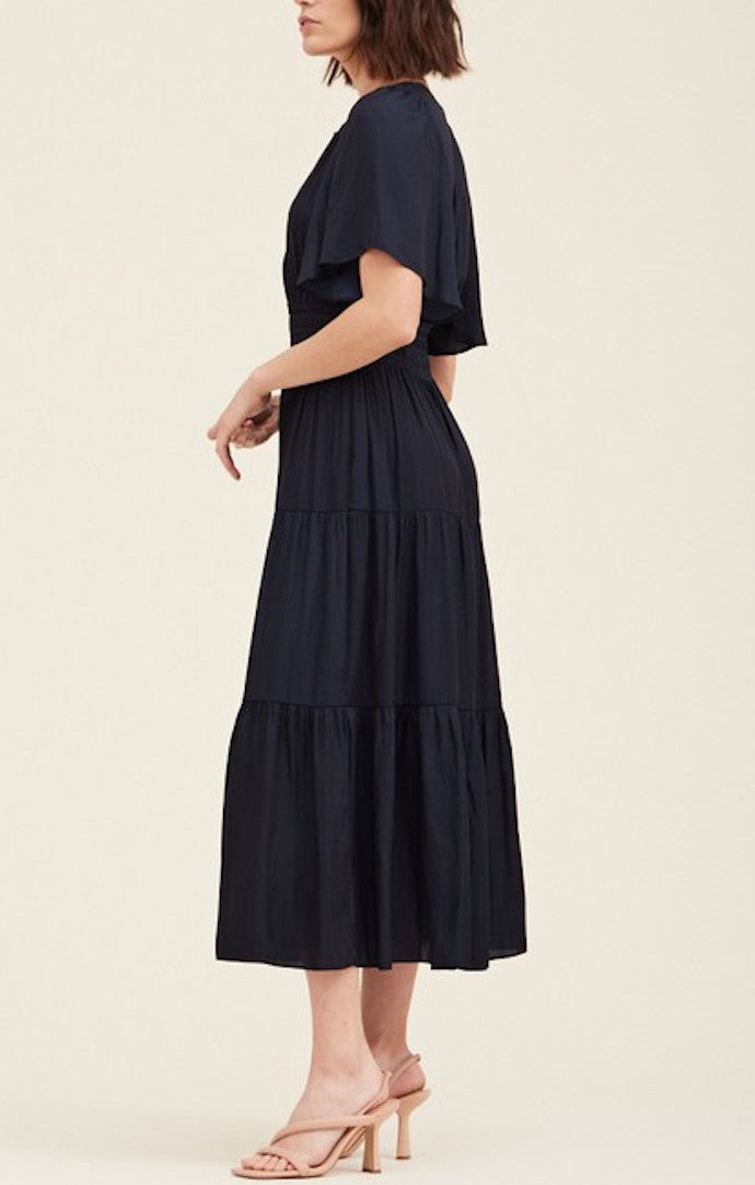 Grade & Gather Midnight Pleated Satin Midi Dress