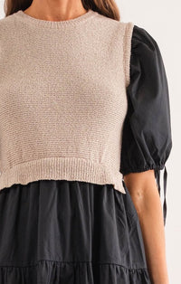 Sofie The Label Black/Multi Sweater Vest Puff Sleeve Midi Dress