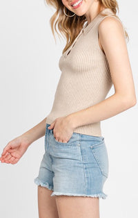 Final Touch Oatmeal Ribbed Collared Sleeveless Tank Top