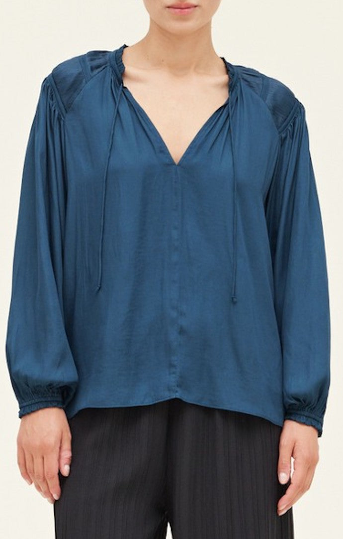 Grade & Gather Blue Jewel Pleated Yoke Blouse 