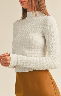 Miou Muse Off White Textured Mock Neck Top