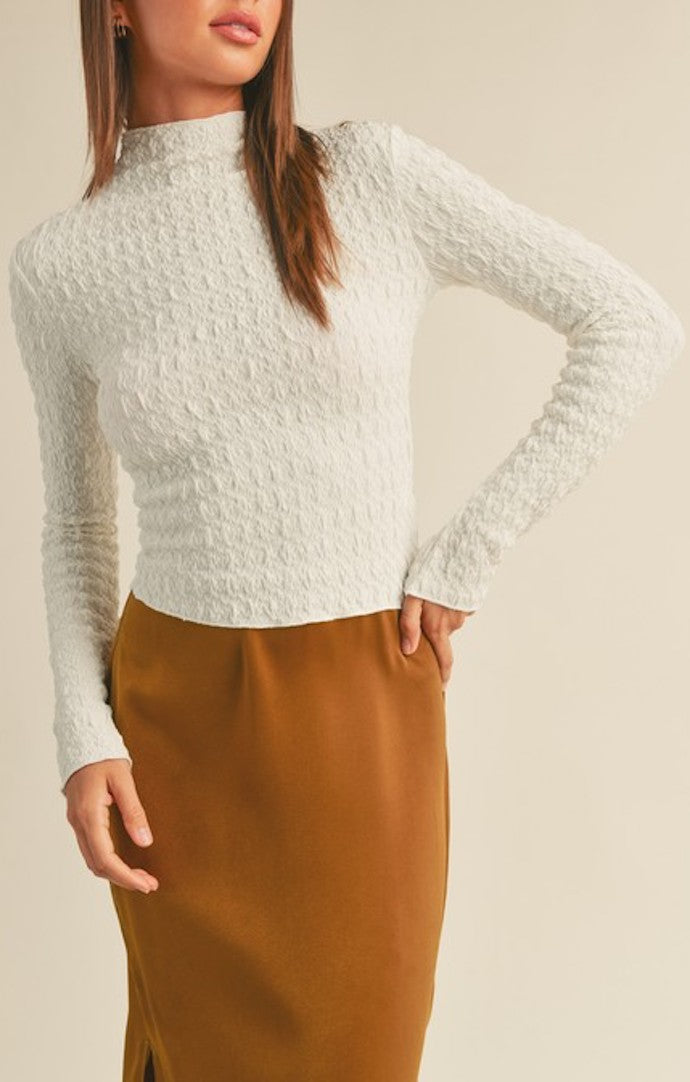 Miou Muse Off White Textured Mock Neck Top