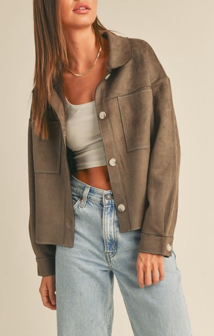Miou Muse Olive Suede Button Up Shacket