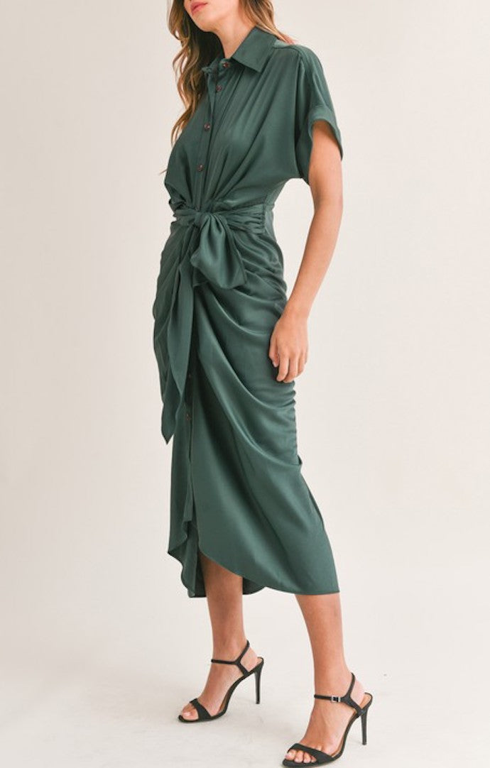 Mable Dark Green Button Front Tied Midi Dress