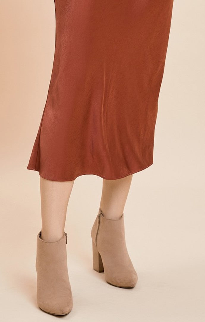 Mustard Seed Copper Satin Midi Skirt
