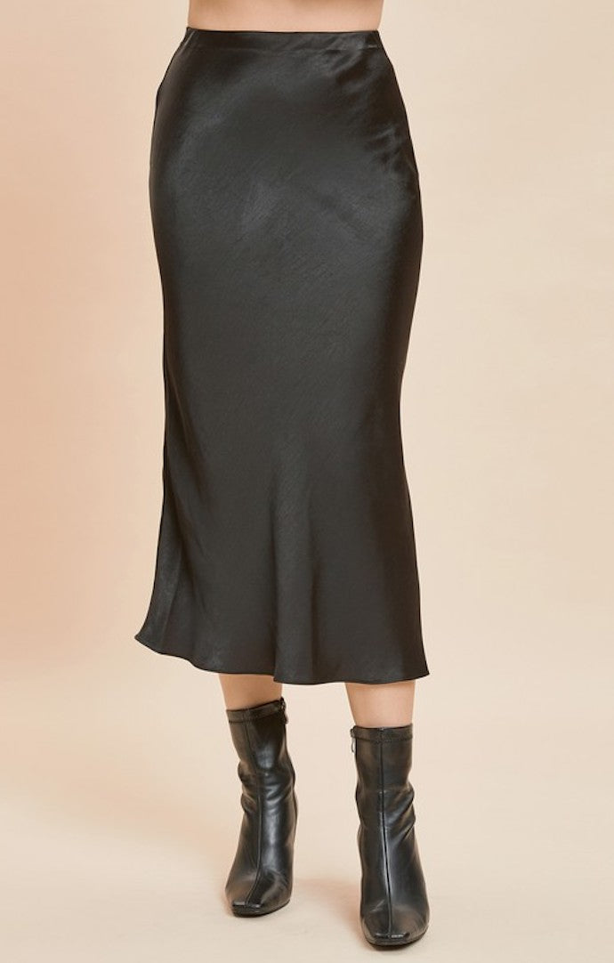 Mustard Seed Black Satin Midi Skirt
