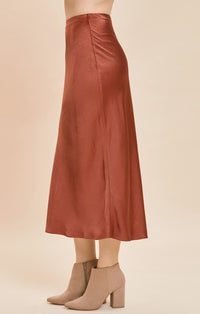 Mustard Seed Copper Satin Midi Skirt