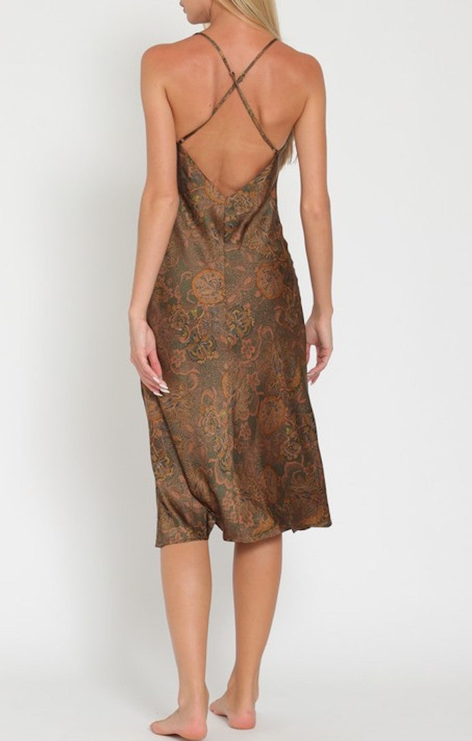 Aakaa Brown Floral Sleeveless Slip Midi Dress