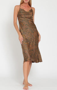 Aakaa Brown Floral Sleeveless Slip Midi Dress
