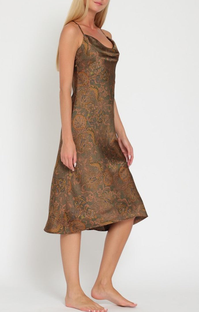 Aakaa Brown Floral Sleeveless Slip Midi Dress